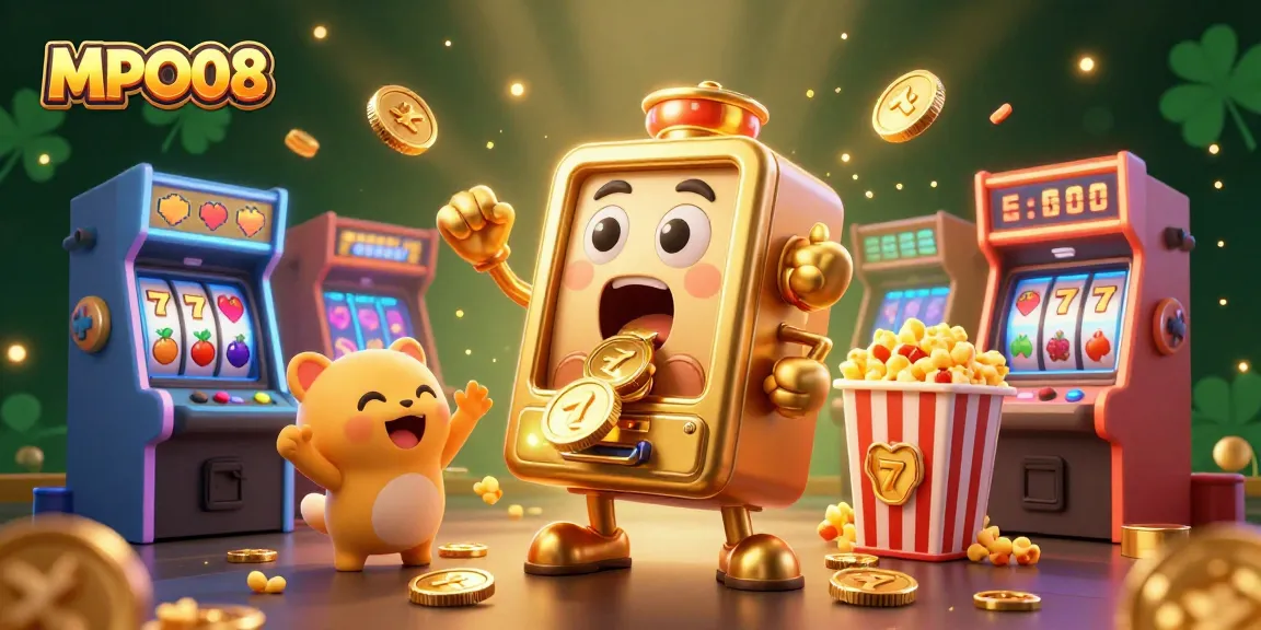 MPO08 slot machine hitting a jackpot amid cheering baby machines and a popcorn sidekick, capturing casino excitement.