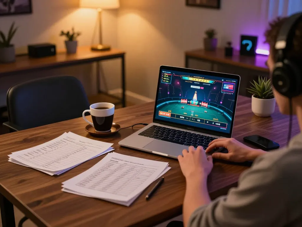 Player engaged in online gambling at home with the gen-e platform, showcasing strategic gameplay.