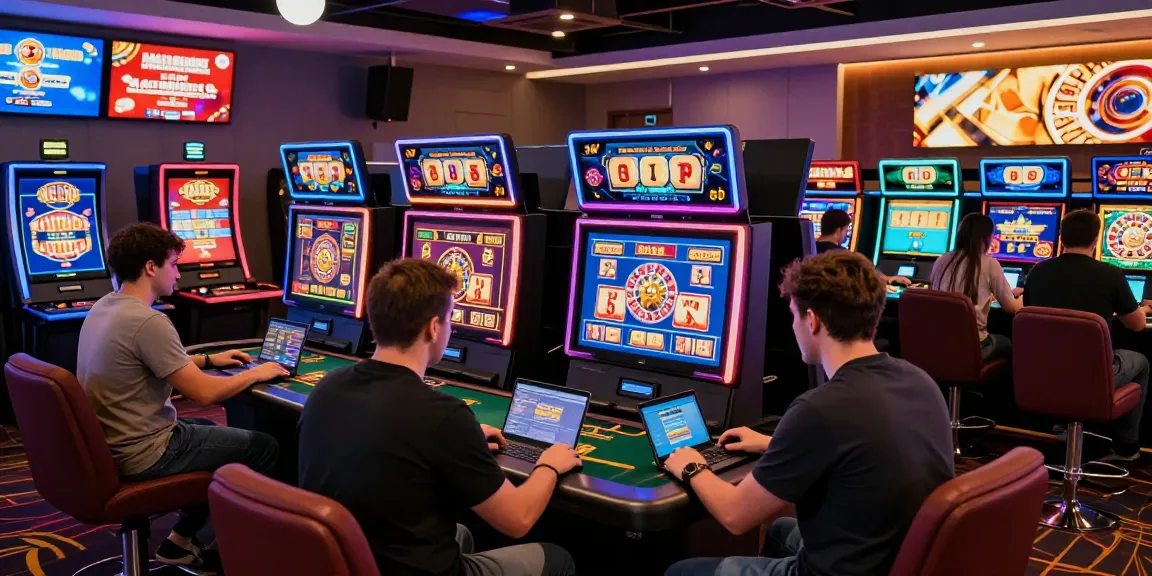 Exciting rokok88 online casino experience with diverse players engaging in games on laptops and smartphones, vibrant colors and promotions.