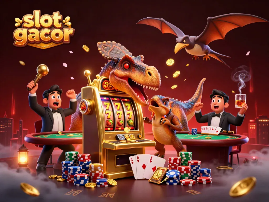 Experience slot gacor with a vibrant illustration of whimsical dinosaurs in a casino, showcasing jackpots and flying coins.