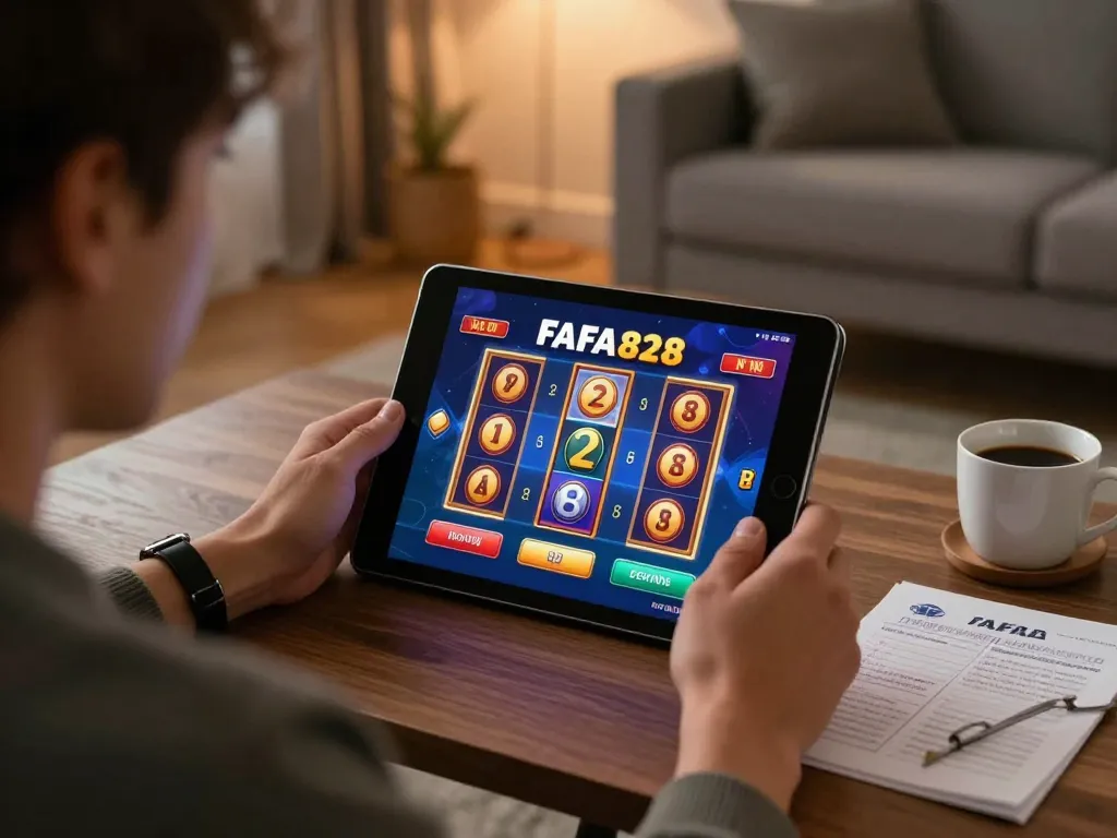 Player engaging with FAFA828 slot games on tablet, enjoying responsible gaming at home