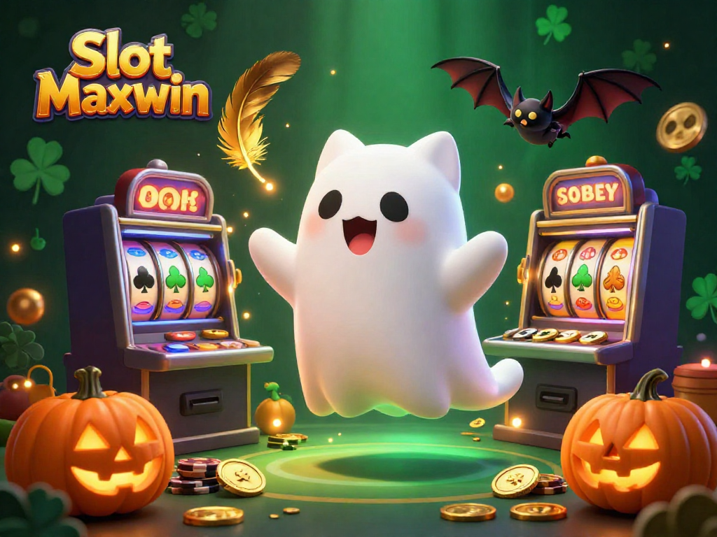 Engage with Slot Maxwin in this vibrant casino scene featuring a friendly ghost cat, golden coins, and dynamic gaming elements.
