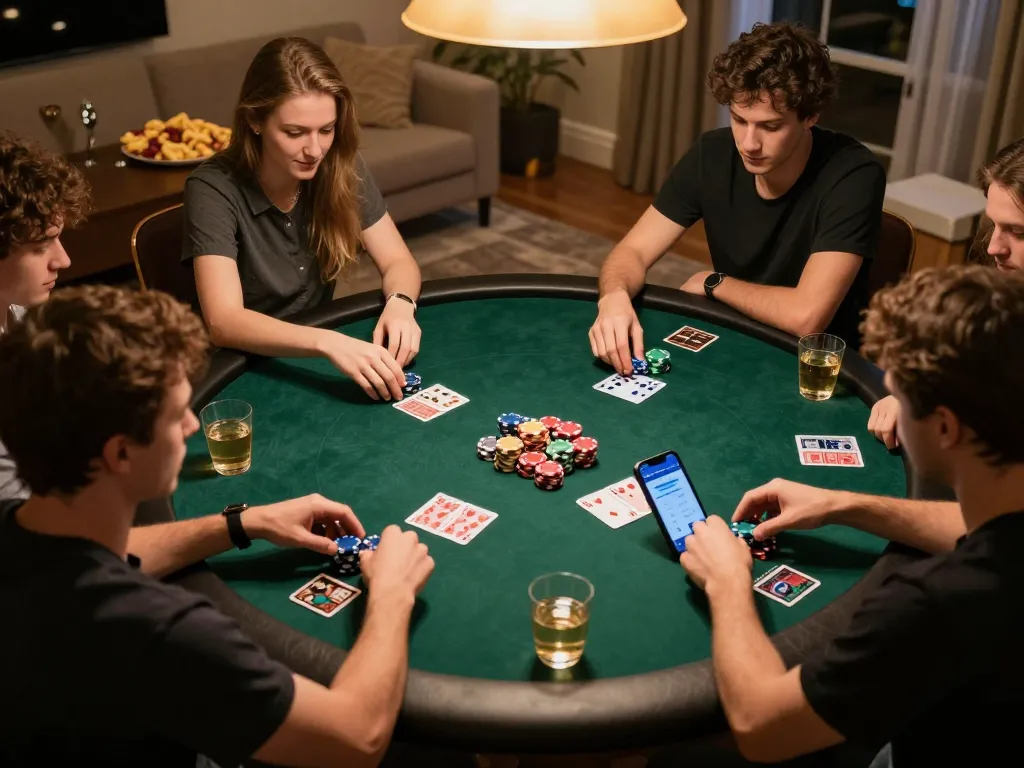 Engage in an exciting may88 online poker game with friends at home, showcasing chips and cards.