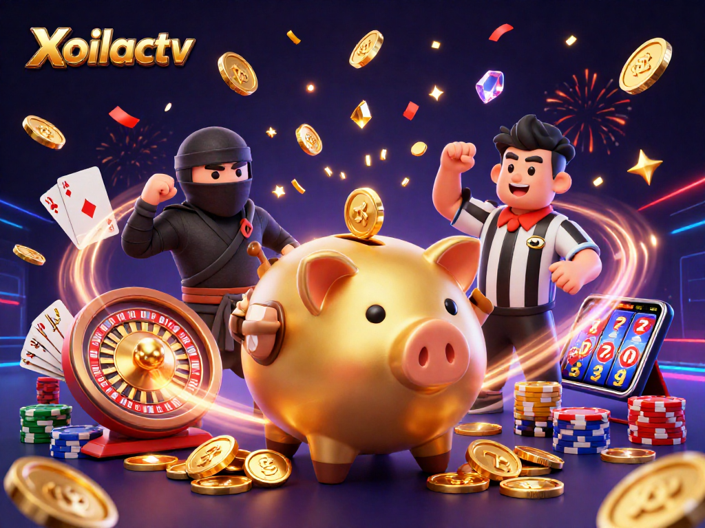 Xoilactv showcases a golden piggy bank sumo wrestler amidst cascading coins and vibrant casino elements.