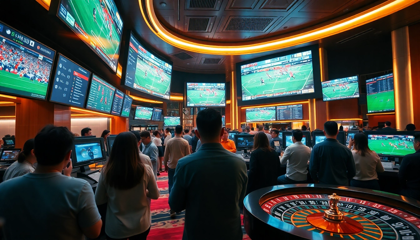 Engaging in แทงบอล at a modern sportsbook with vibrant lighting and live football displays.