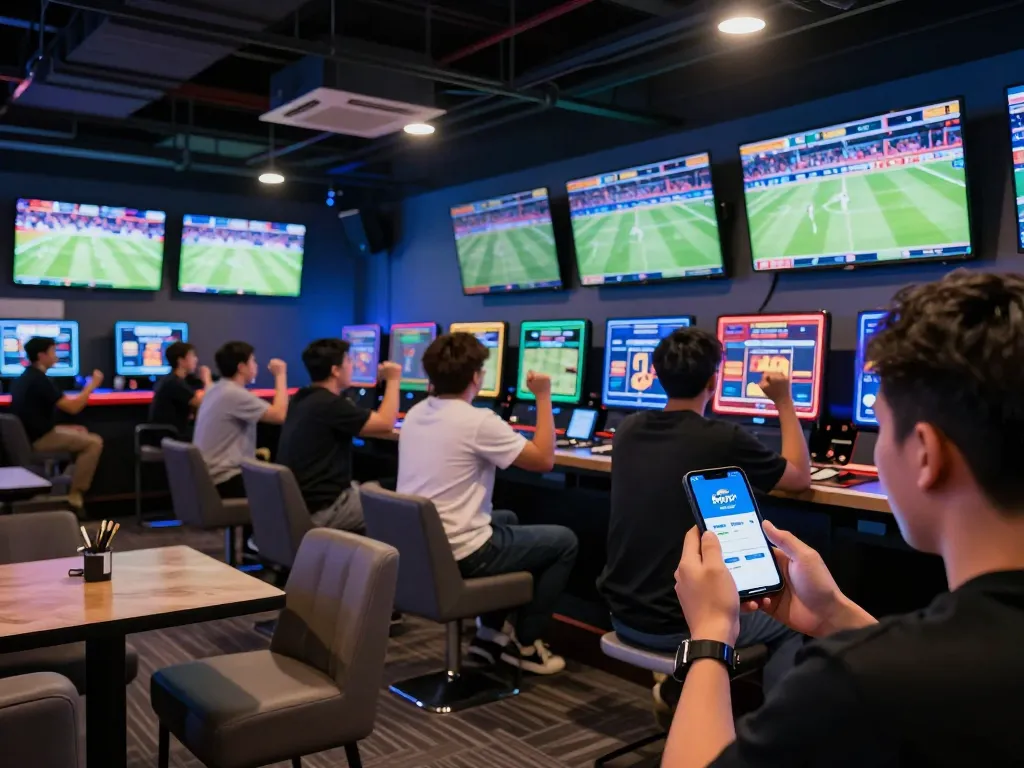 Engaging sports betting action at Bsport with excited fans and live screens.