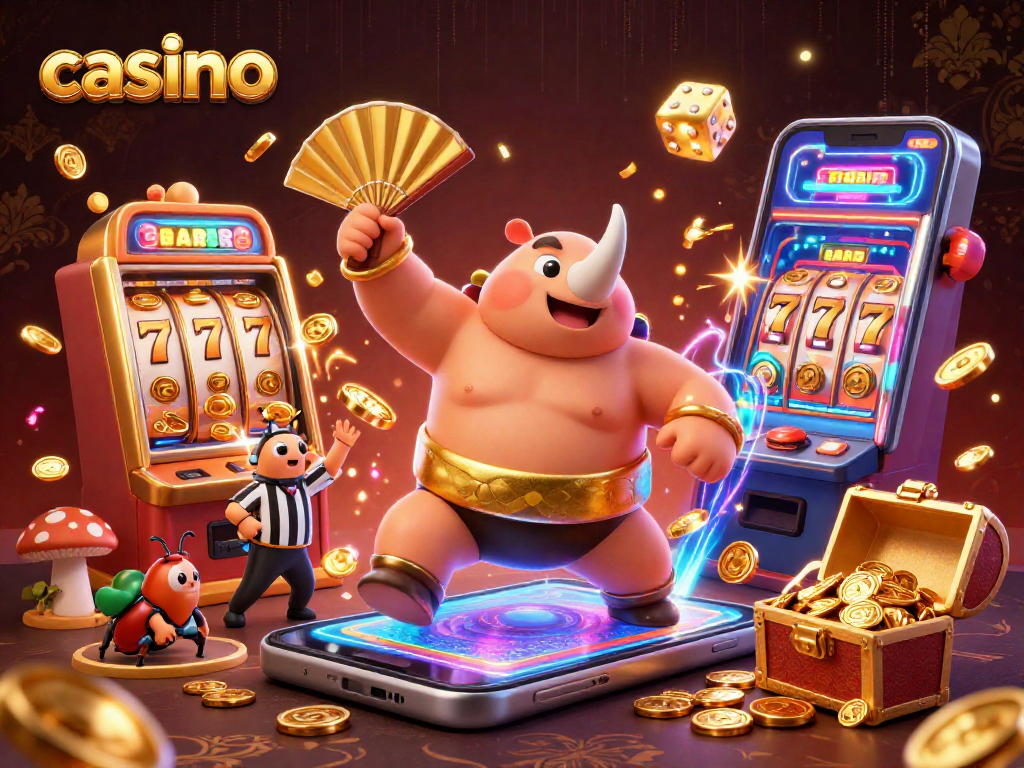 Casino scene featuring a sumo beetle champion amidst exploding slots and gold coins.