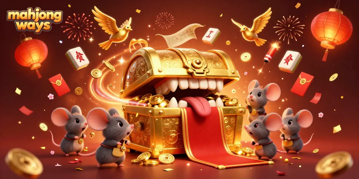 Engage in Mahjong Ways with vibrant treasures and animated characters in this festive illustration.