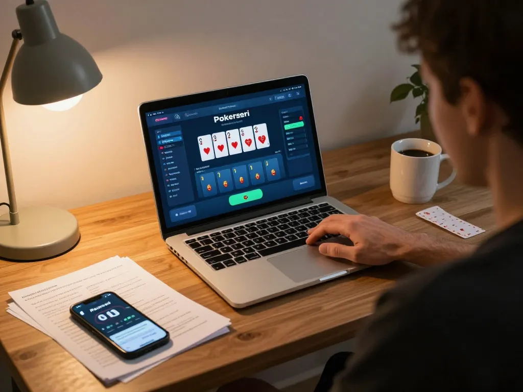 Player focused on his poker game on Pokerseri, surrounded by strategy notes and a warm home office atmosphere.