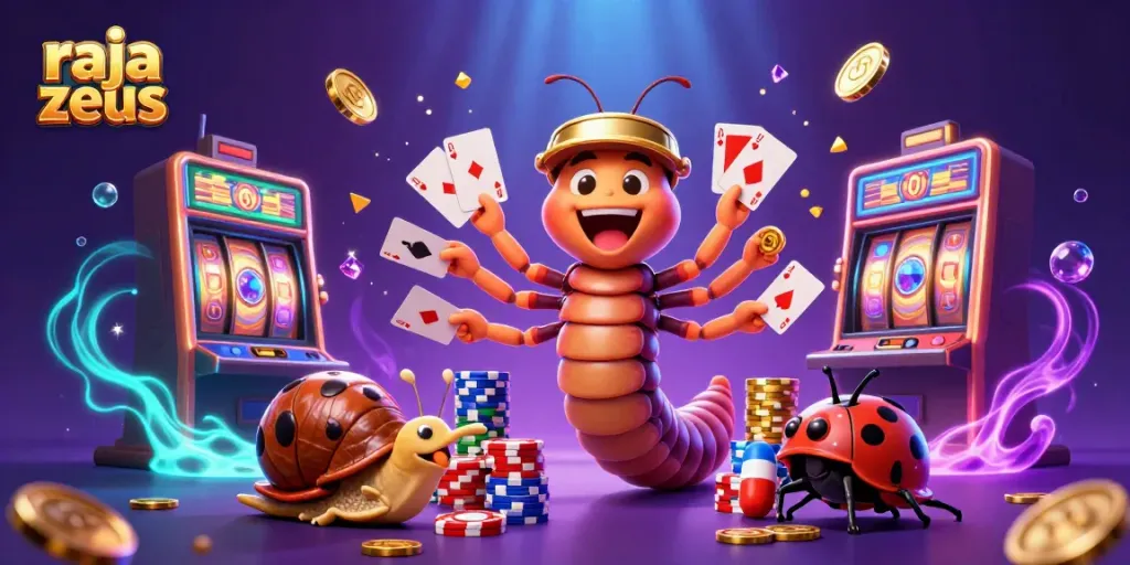 Permainan slot raja zeus dengan dealer kartun dan koin emas bertebaran menciptakan suasana kasino yang meriah.