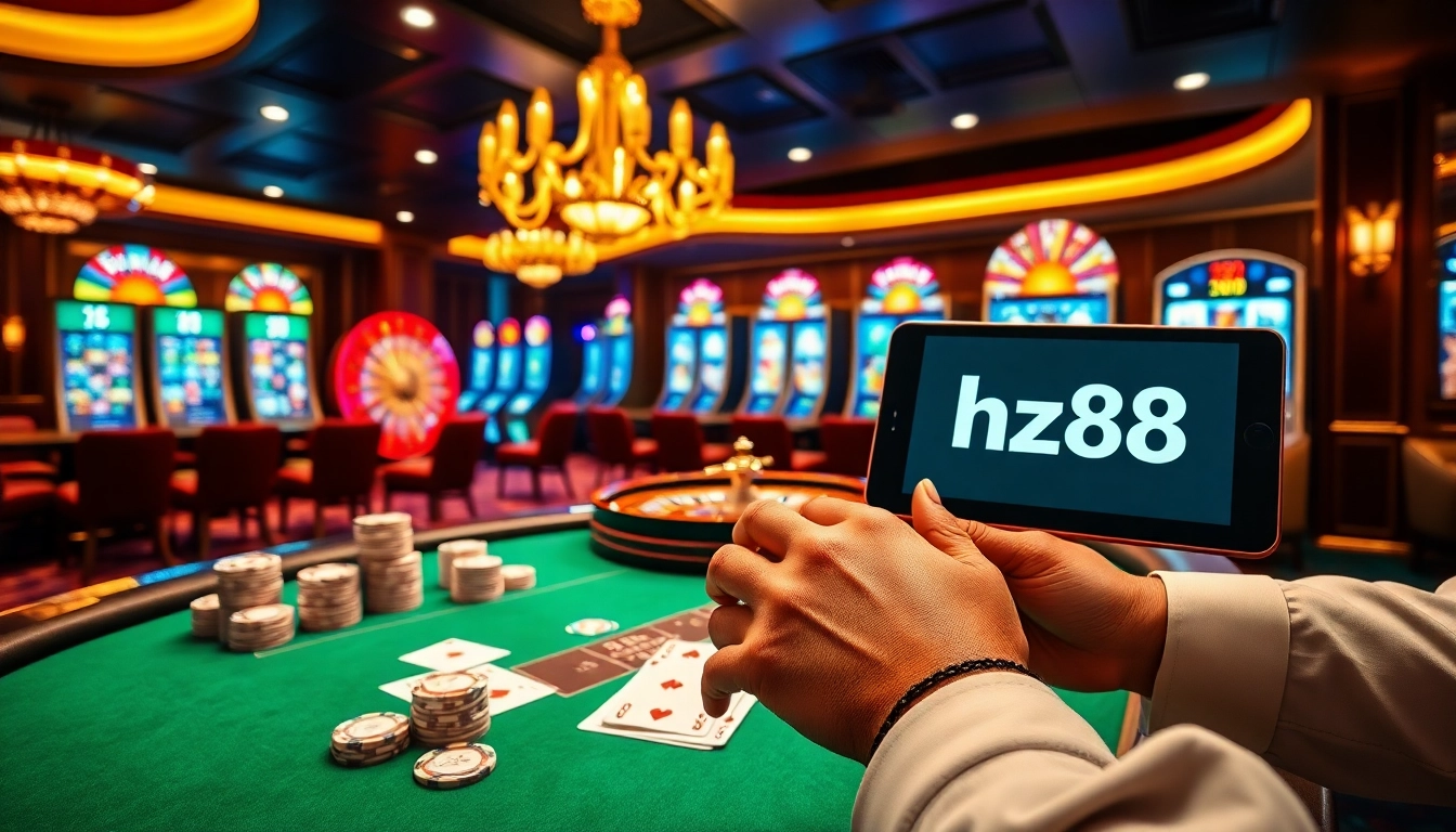 Professional gambler placing strategic bets on hz88 poker table with vibrant casino chips