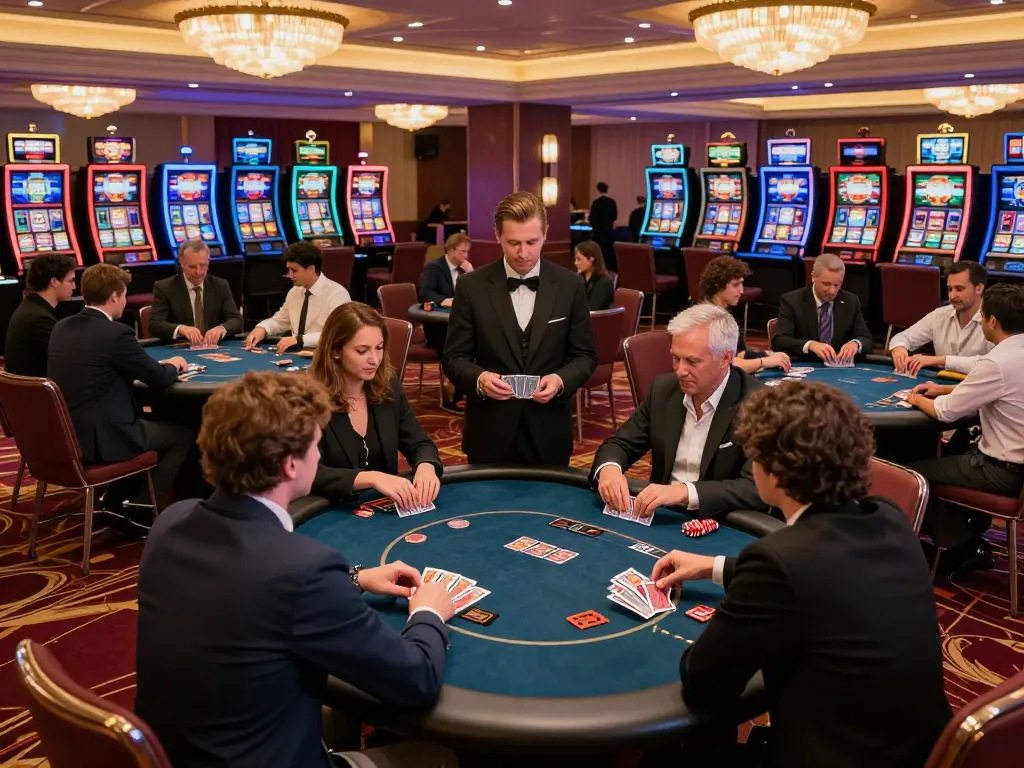 Players in a lively casino playing poker at KP88 tables, showcasing strategic gameplay.