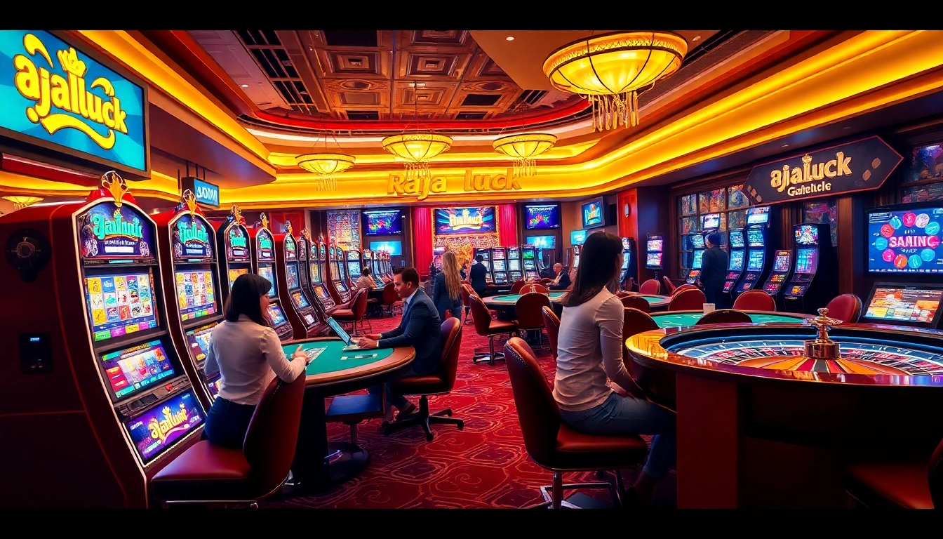 Players enjoying the vibrant raja luck casino atmosphere with colorful slot machines and tables.