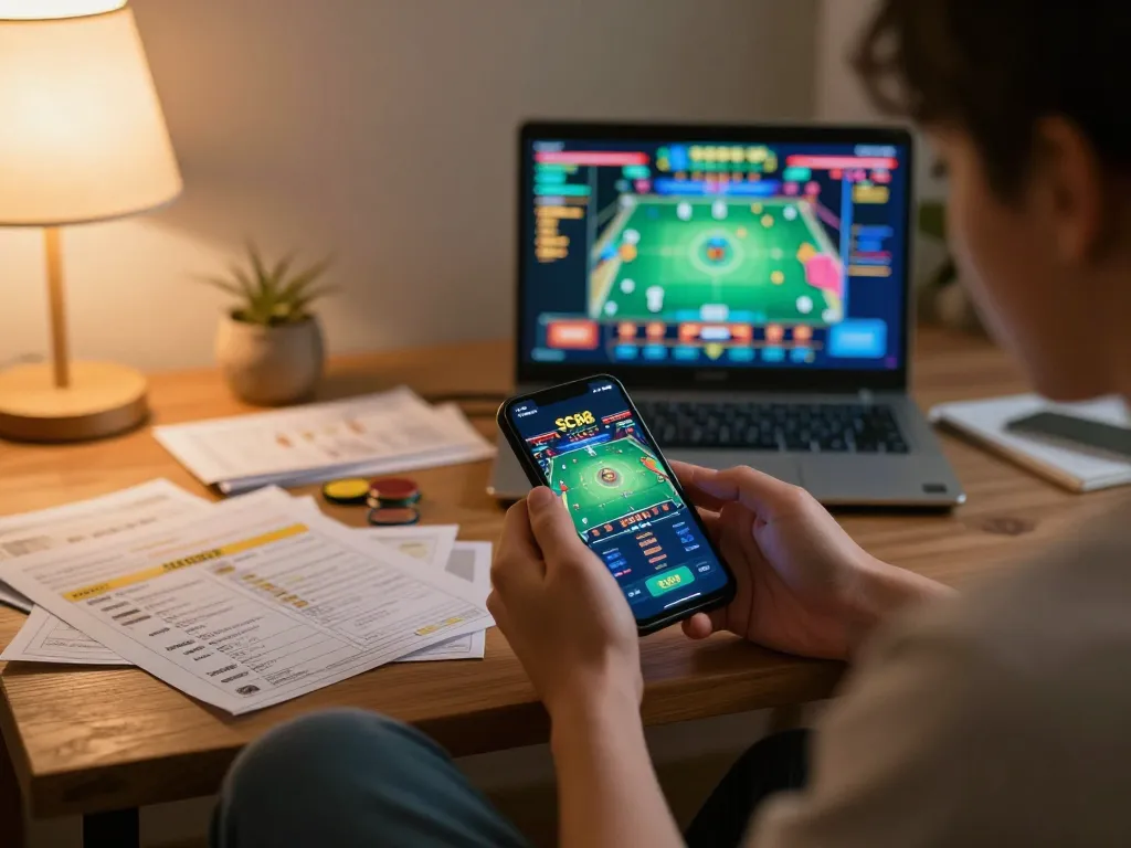 SC88 mobile app gameplay on a smartphone in a cozy home setting