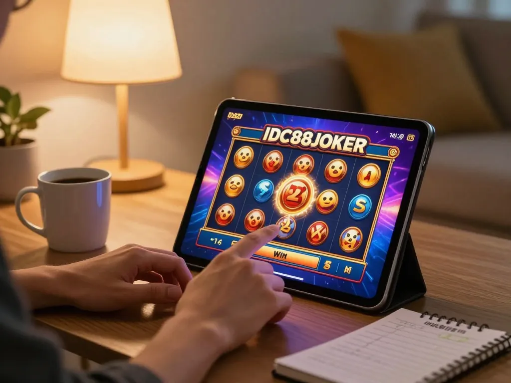 Engaging moment with a player experiencing thrilling IDC88JOKER online slot gameplay on tablet.