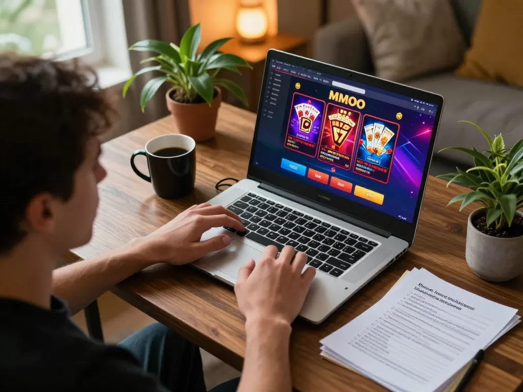 Player engaging in MMOO online casino gaming with colorful graphics on screen, cozy home setting.