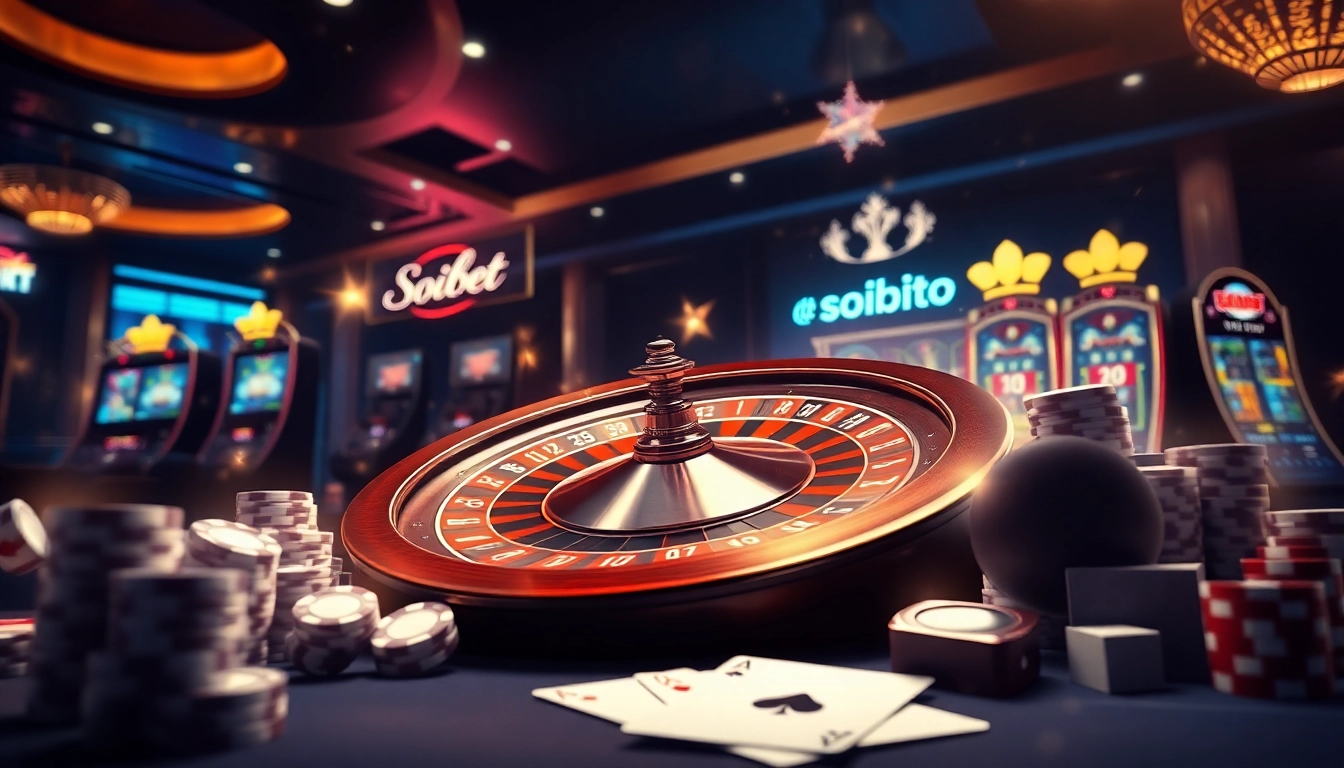 Experience the excitement of online gambling through ทางเข้า soibet ล่าสุด with vibrant visuals of roulette wheels and poker chips.
