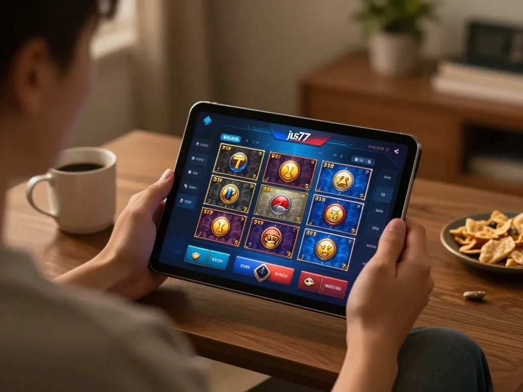 Berkolaborasi dengan antarmuka permainan jus77 di tablet dalam pengaturan rumah yang nyaman, menggambarkan kesenangan berjudi online.