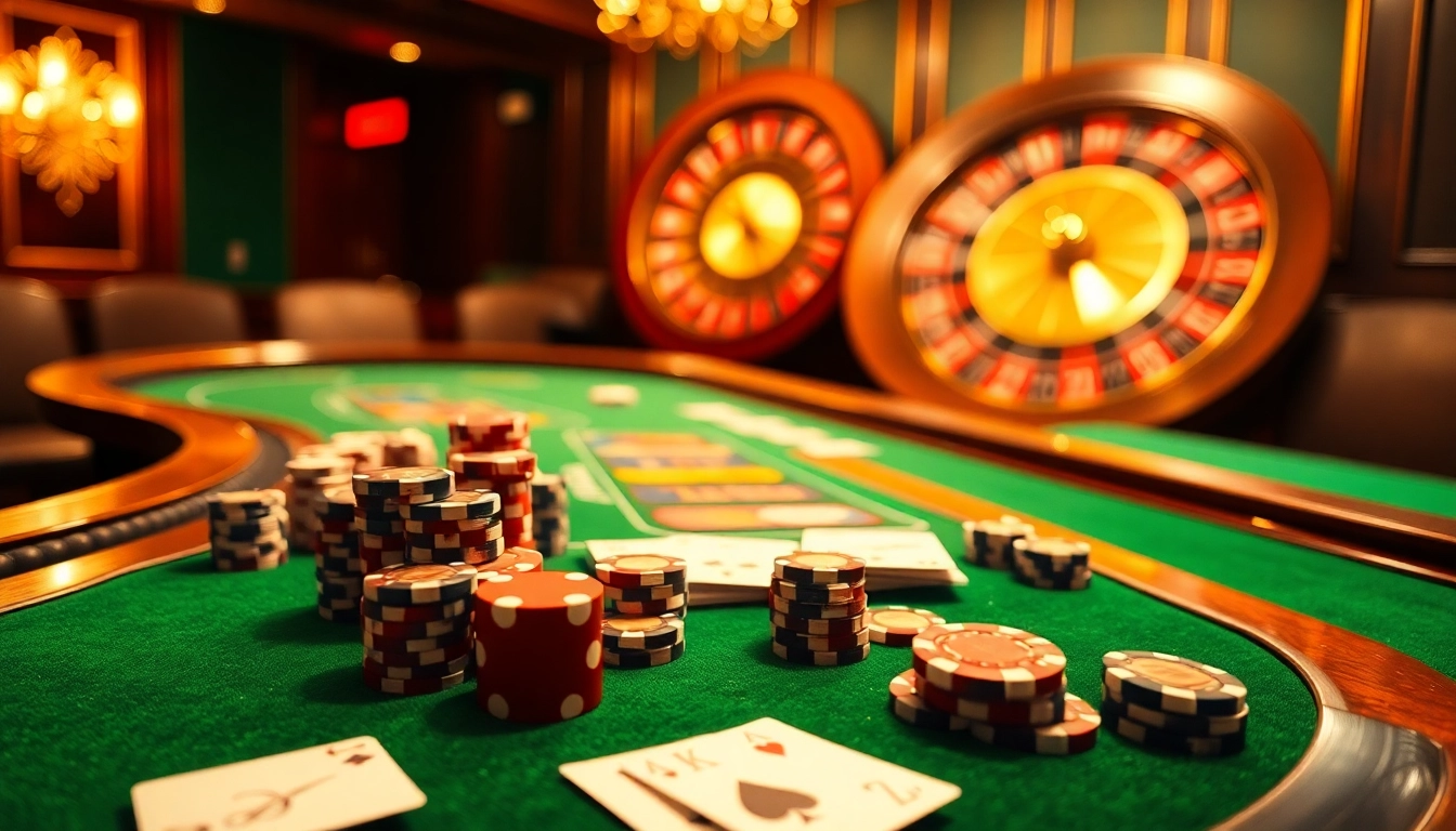 KQBD provides a vibrant casino experience with poker chips, cards, and a roulette wheel in a luxurious setting.
