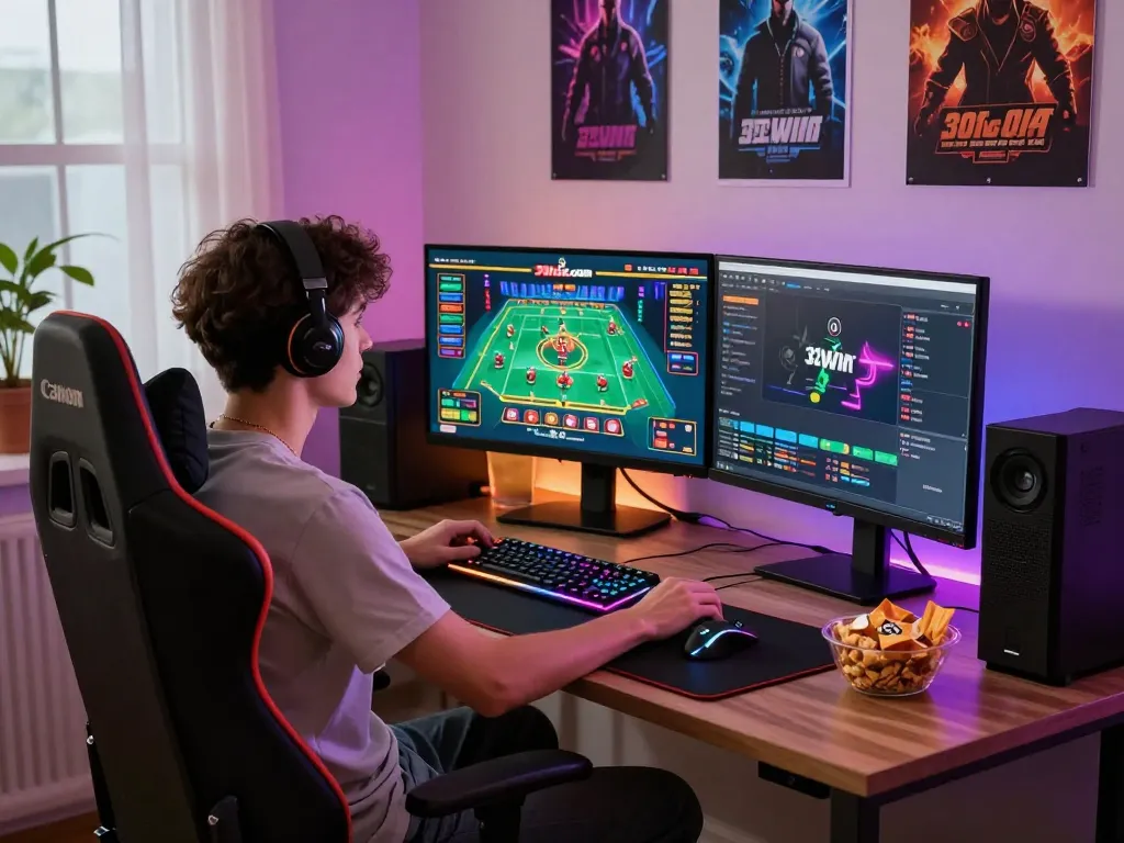 Enthusiastic gamer streaming gameplay from 32win.com in modern home office