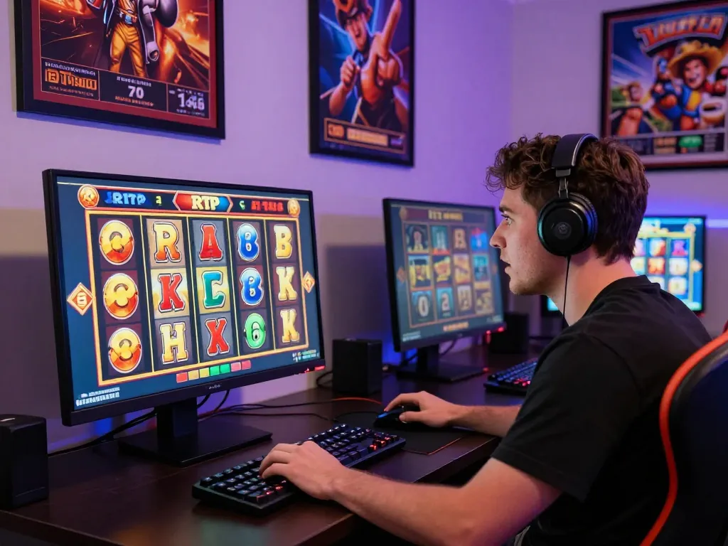 Player immersed in Zeus138 online slot game with vibrant graphics, gaming setup, and energetic atmosphere.