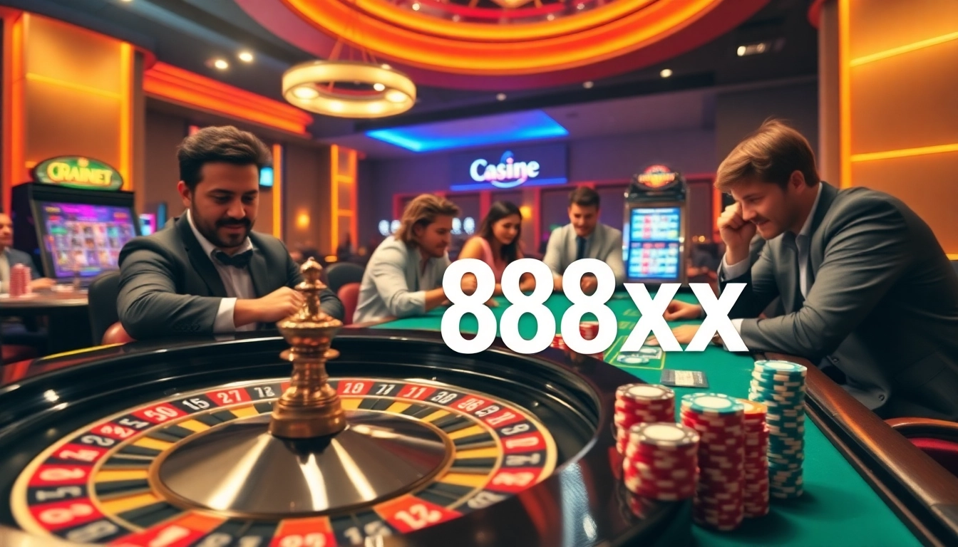 Players enjoy thrilling gameplay at the 88xx casino, featuring a roulette wheel and vibrant poker chips.