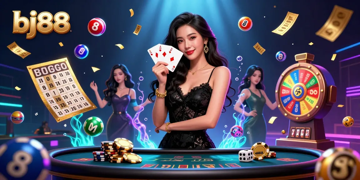 Experience thrilling wins at bj88 with a photorealistic Asian woman showcasing winning poker cards amidst vibrant casino elements.
