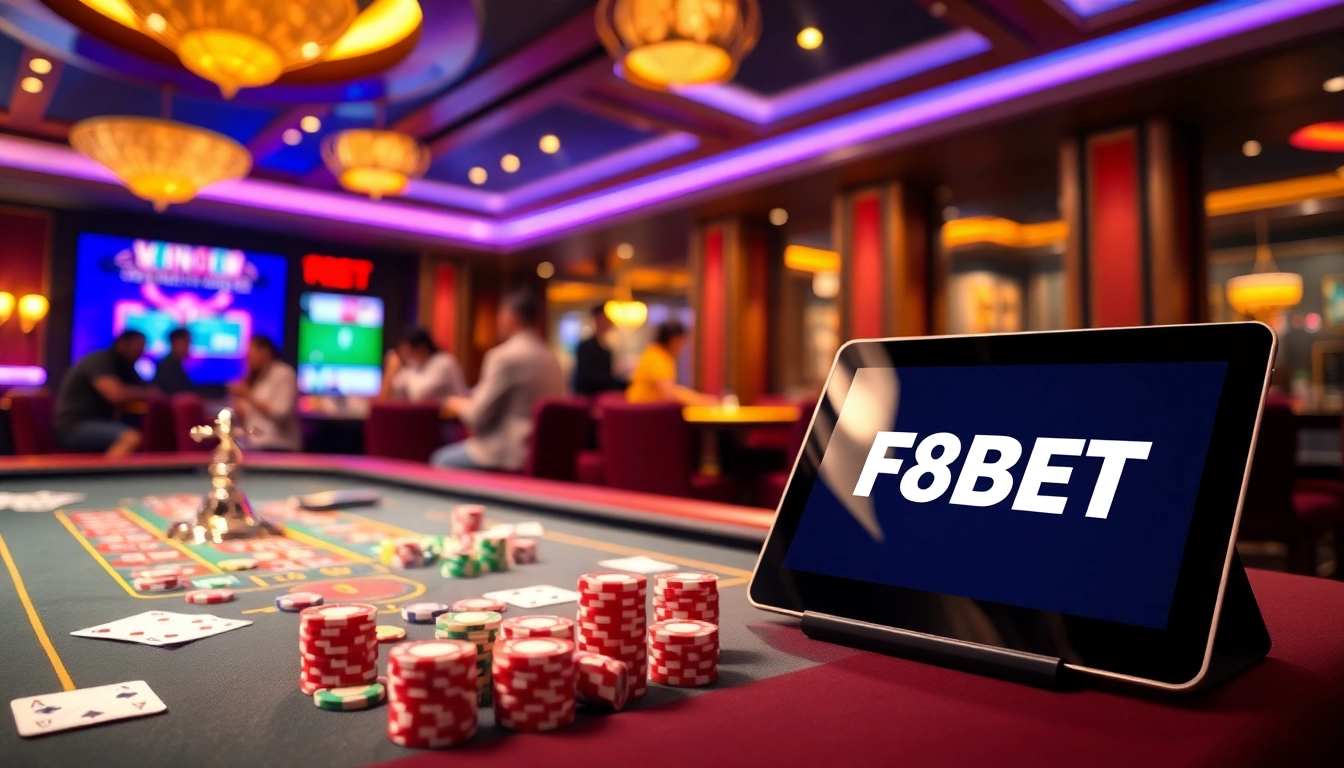 Engaging scene depicting players at a casino table while highlighting Đăng Nhập F8BET on a tablet interface.