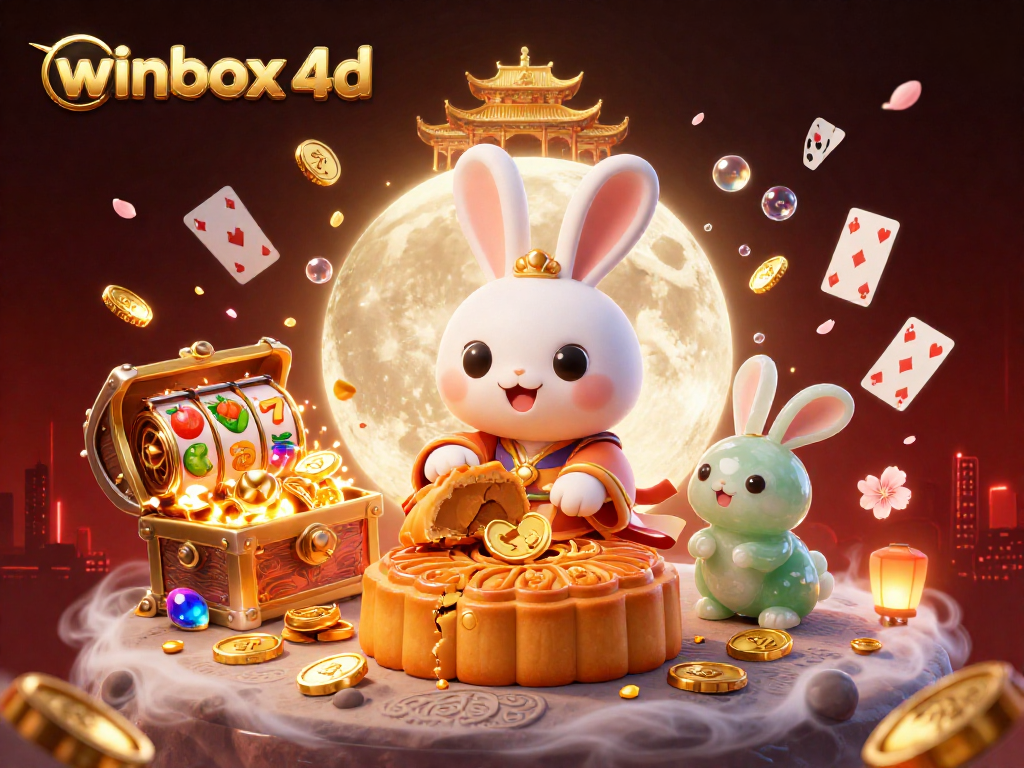 Winbox 4D-themed illustration showcasing a moon rabbit and vibrant, interactive casino elements.