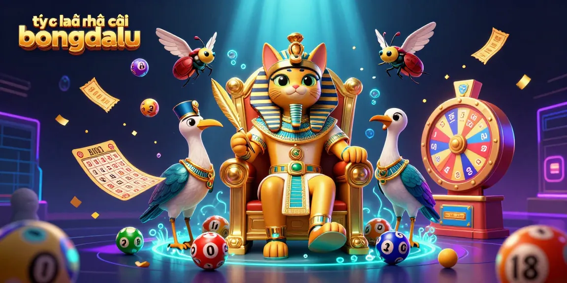 Engage with tỷ lệ nhà cái bongdalu as colorful lottery elements and Egyptian-themed characters create an exciting betting scene.