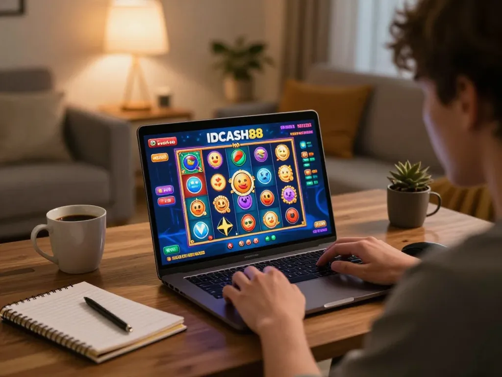 Player enjoying a thrilling IDCASH88 slots game on a laptop in a cozy living room.