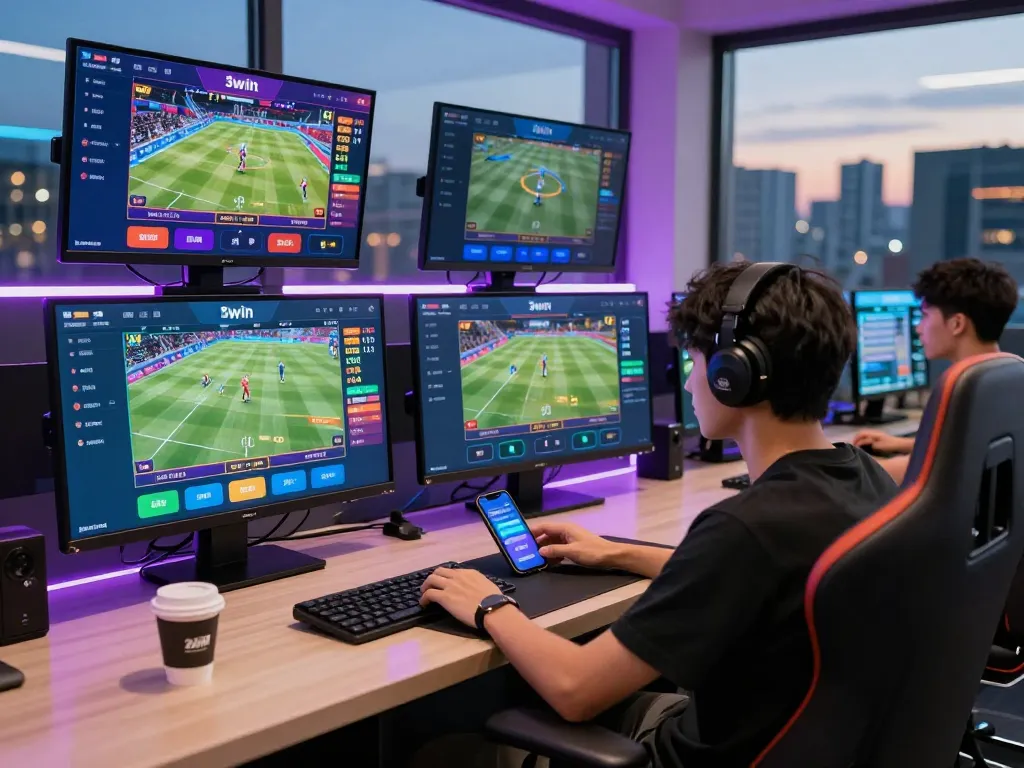 3win online betting platform user engaging in dynamic betting experience with multiple screens.