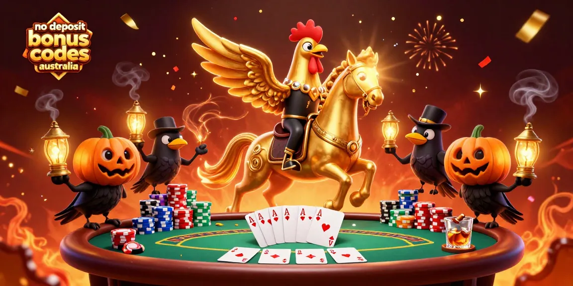 Experience excitement with no deposit bonus codes australia in a vibrant casino scene featuring a golden rooster and poker elements.