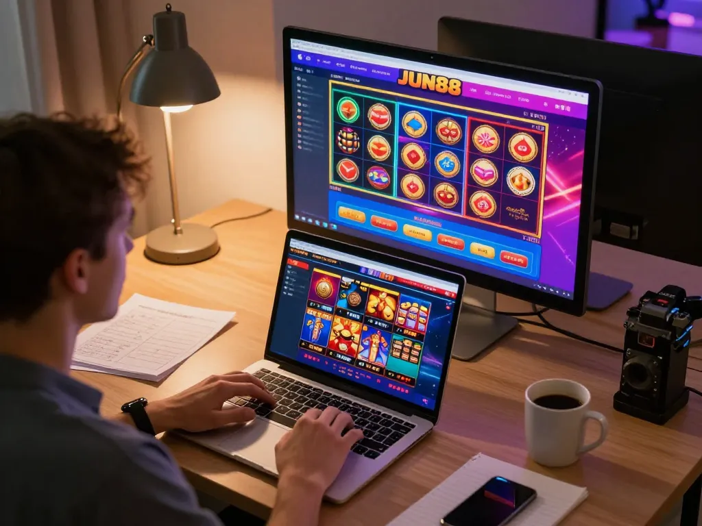 Player engaging with the JUN88 online casino interface on a laptop, creating a strategic gaming atmosphere.