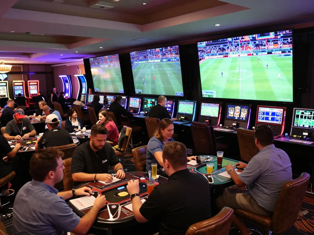 SBOBET sports bettors engaged with live events on large screens, showcasing a vibrant gambling atmosphere.