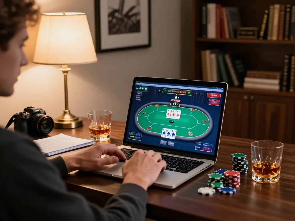 Play online poker with cm88 on a stylish home office setup, showcasing strategic gameplay.