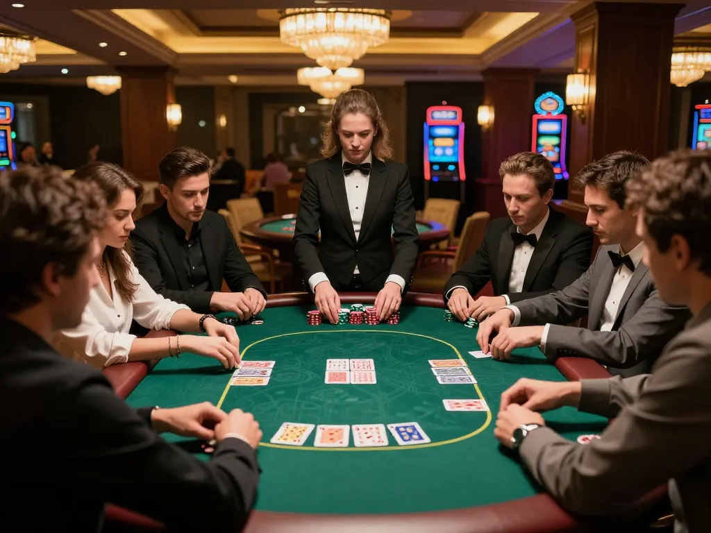 Debet poker players strategizing in a glamorous casino setting