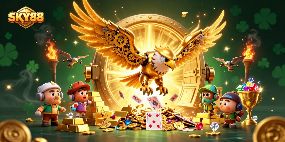 Engage with thrilling gameplay at SKY88 featuring a cybernetic eagle amidst dazzling casino treasures.