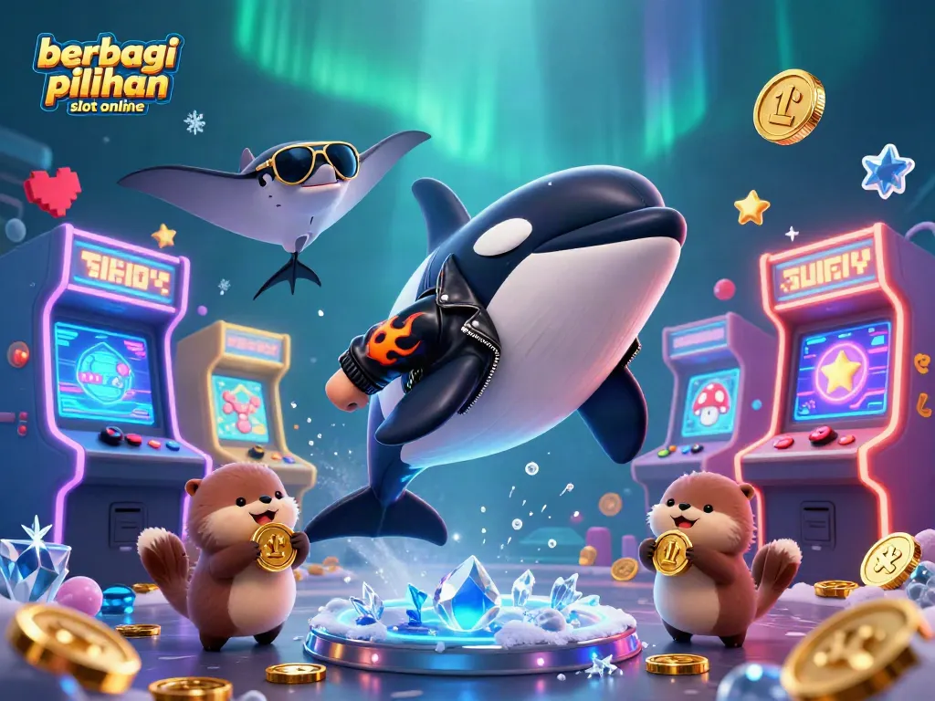 Mengguncang berbagai pilihan slot online dengan orka dan ikan pari bergaya, dikelilingi koin emas dan mesin arcade.