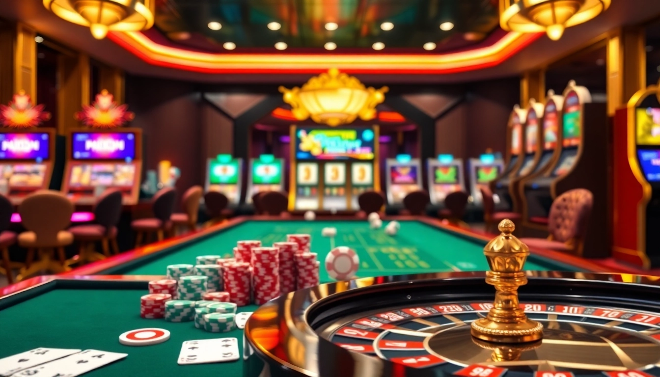 Experience the excitement of ww88 with vibrant casino tables, poker chips, and slot machines illuminated by rich colors.