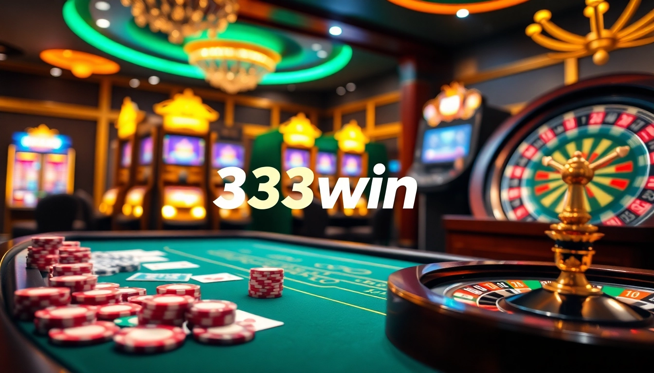 Excited players at a luxurious casino scene with 33win branding, showcasing a winning hand and spinning roulette wheel.