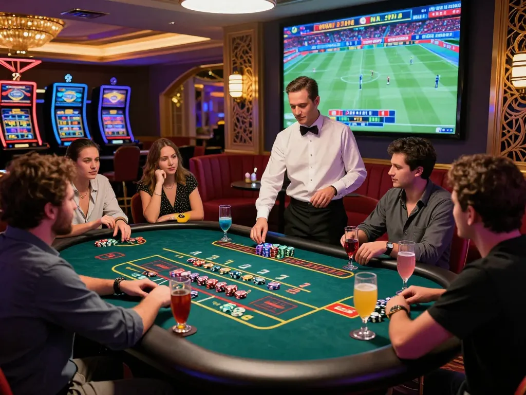Friends enjoying an exciting game at TG88 online casino, vibrant atmosphere with roulette table and digital displays.