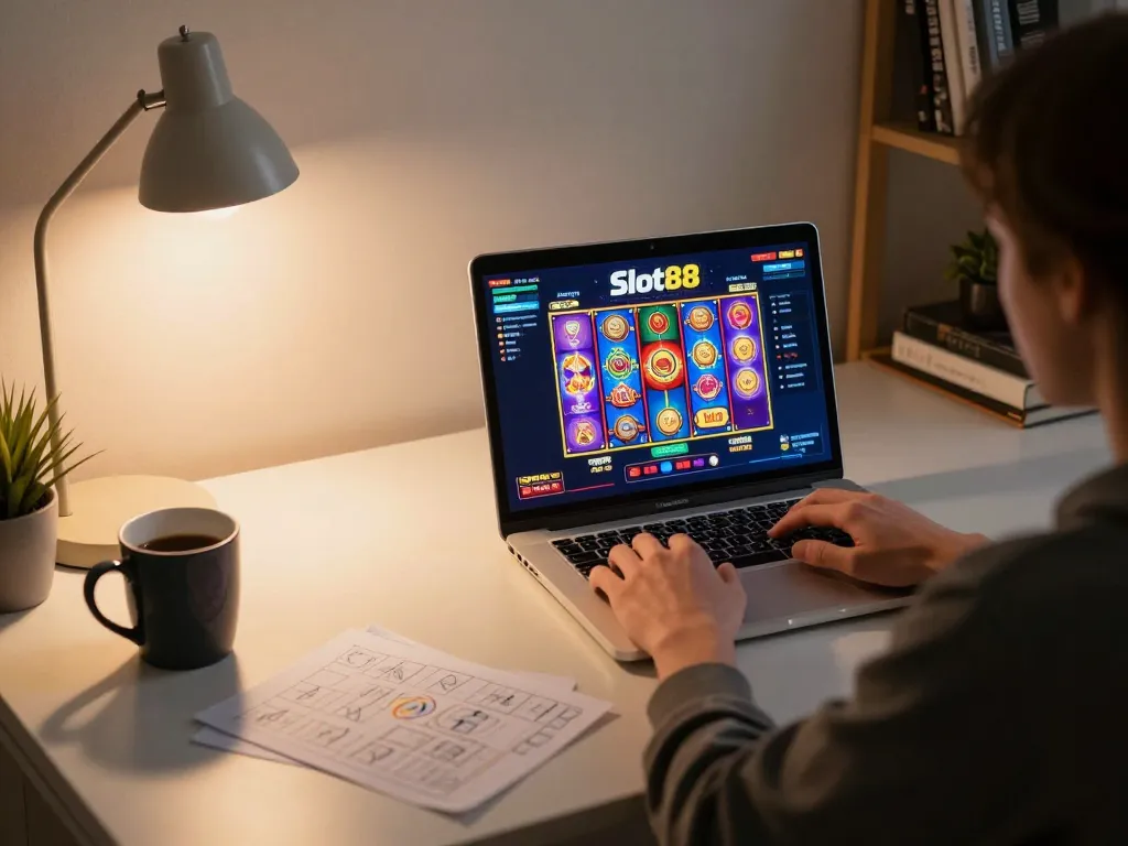 Engaging user plays Slot88 on laptop in cozy home setting with colorful gaming interface