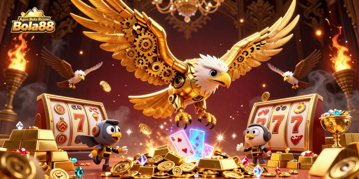 Agen Bola Resmi Bola88 showcases thrilling casino action with dynamic characters, jackpot reels, and sparkling treasures.