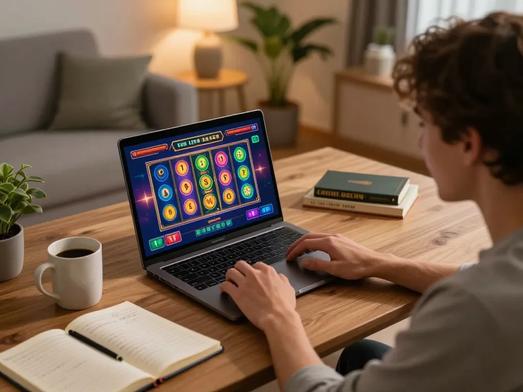Engaged player enjoying slot gacor gampang menang on a laptop, surrounded by strategy notes in a cozy home environment.