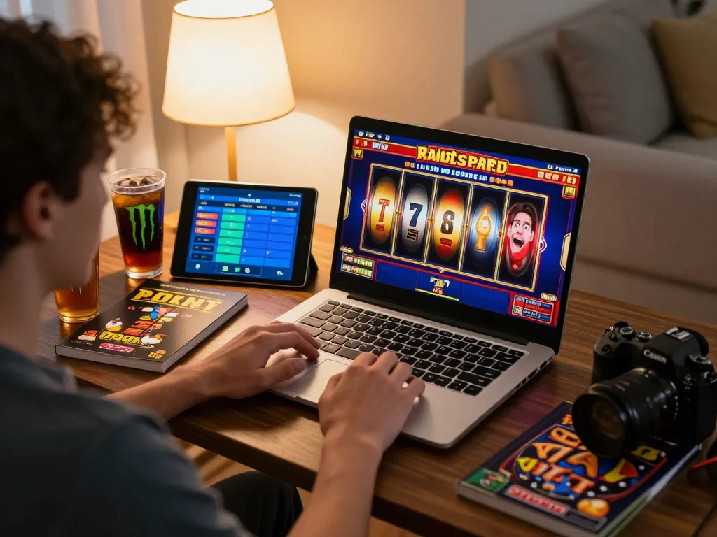 Pengguna Bintangmpo menikmati slot online di laptop dalam suasana rumah yang nyaman.