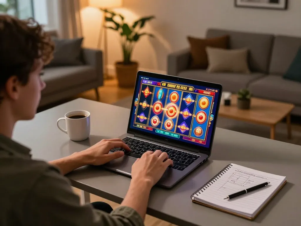 Experience thrilling online slots at jus77 with a dynamic home gaming setup and vibrant gameplay.