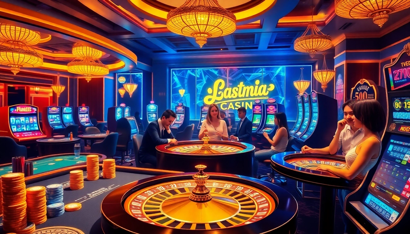 Experience the excitement of fun88 with lively casino tables and vibrant slot machine visuals.