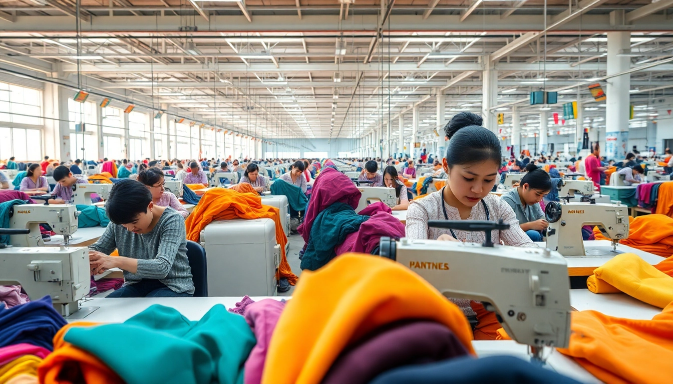 Workers at a clothes factory China engaged in garment production amidst vibrant fabrics.
