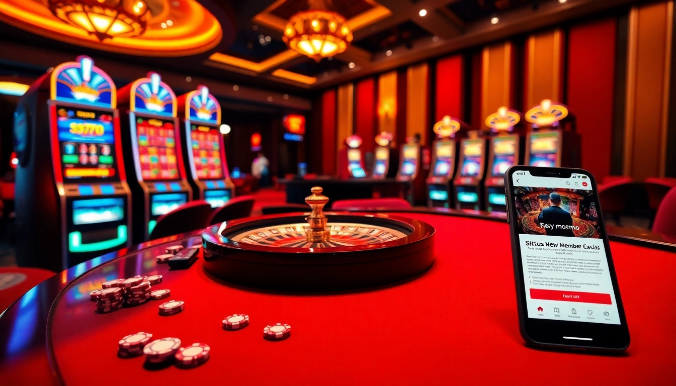 Situs bonus new member showcased at a luxurious casino table with roulette and slot machines.